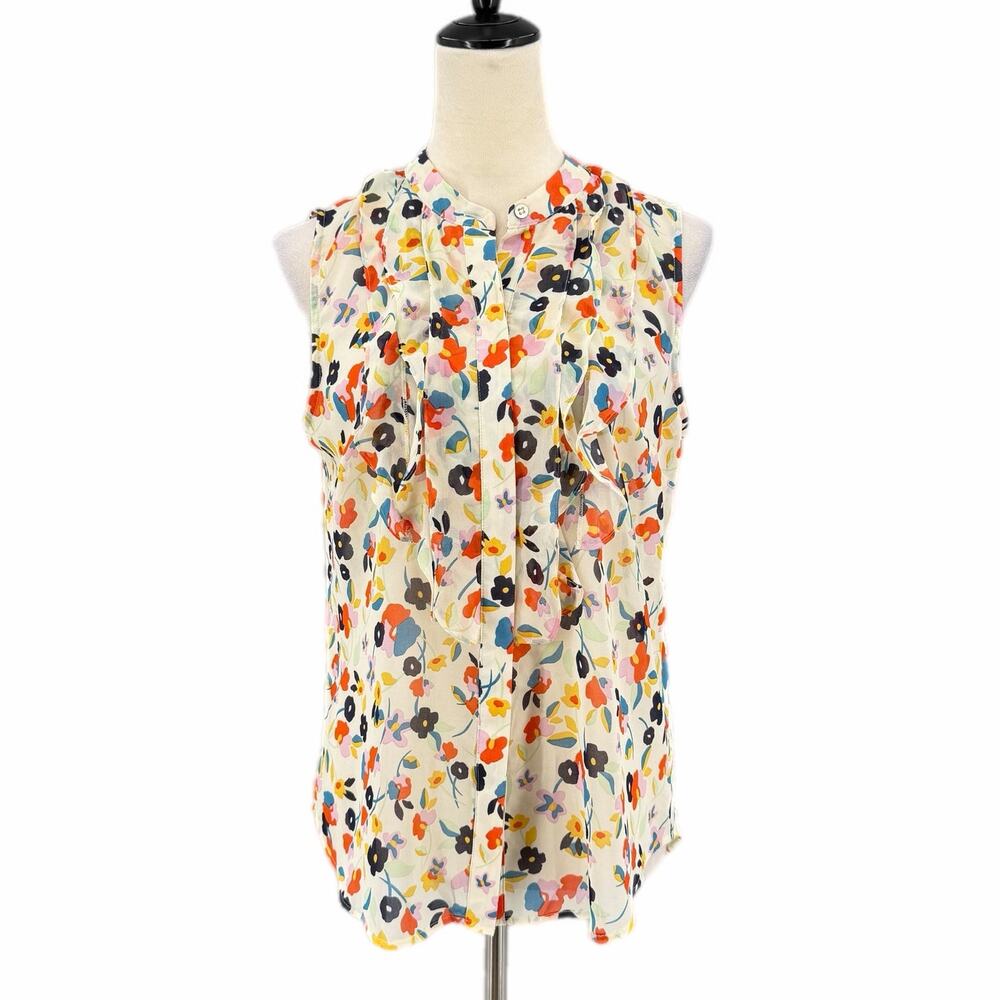 Cabi 6108 Ivory Floral Multi Tux Ruffle Button Up Sleeveless Sheer Blouse Top